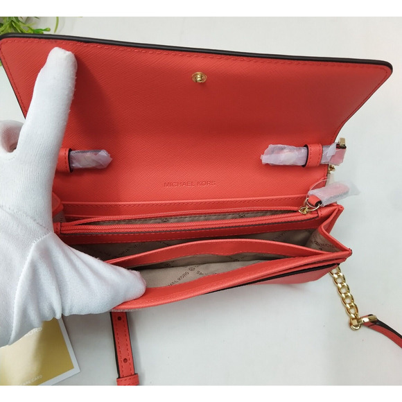 Michael Kors Jet Set Large Wallet On Chain - Red Leather Crossbody Bag -NWT $168 - Picture 8 of 14